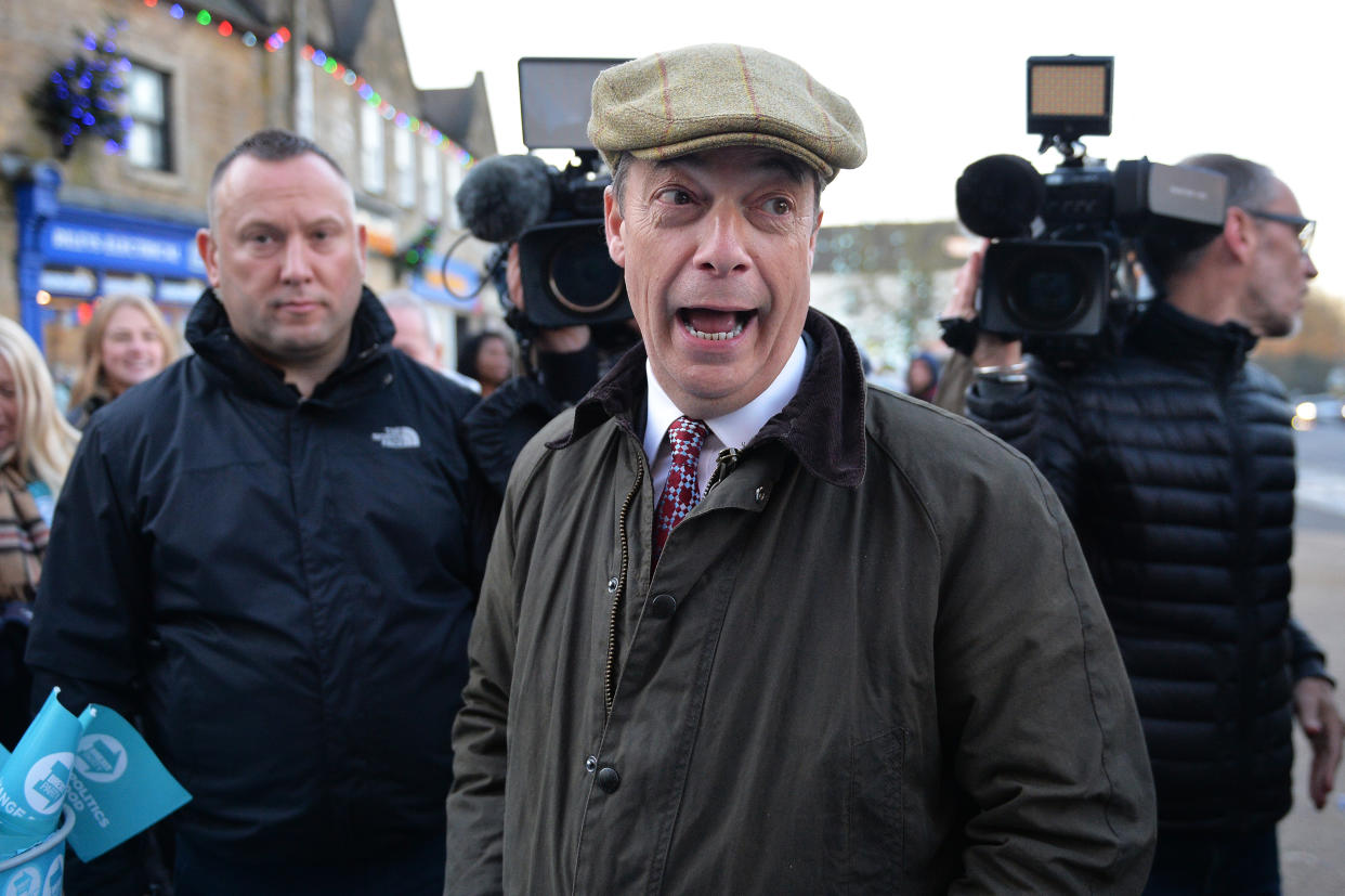 Brexit Party leader Nigel Farage during a visit to Bolsover, Chesterfield, whilst on the General Election campaign trail.