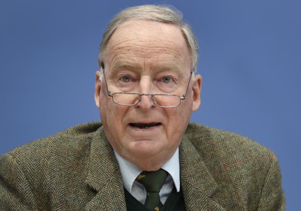 In this Monday, March 12, 2018 photo the co-chairmen of the Alternative for Germany, AfD, party, Alexander Gauland, speaks during a press conference in Berlin, Germany. (AP Photo/Michael Sohn, file)