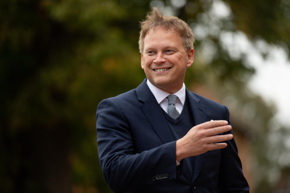 Embargoed to 0001 Wednesday October 14 Transport Secretary Grant Shapps arrives to present Sir Captain Tom Moore with the first Veterans' Railcard at The Old Rectory, The Green, Marston Moretaine, Bedfordshire.