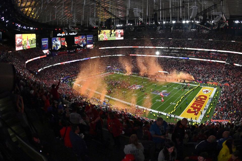 Kansas City Chiefs celebrate after their win against the San Francisco 49ers in overtime during the NFL Super Bowl 58 football game Sunday, Feb. 11, 2024, in Las Vegas. The Chiefs won 25-22. (AP Photo/David Becker)