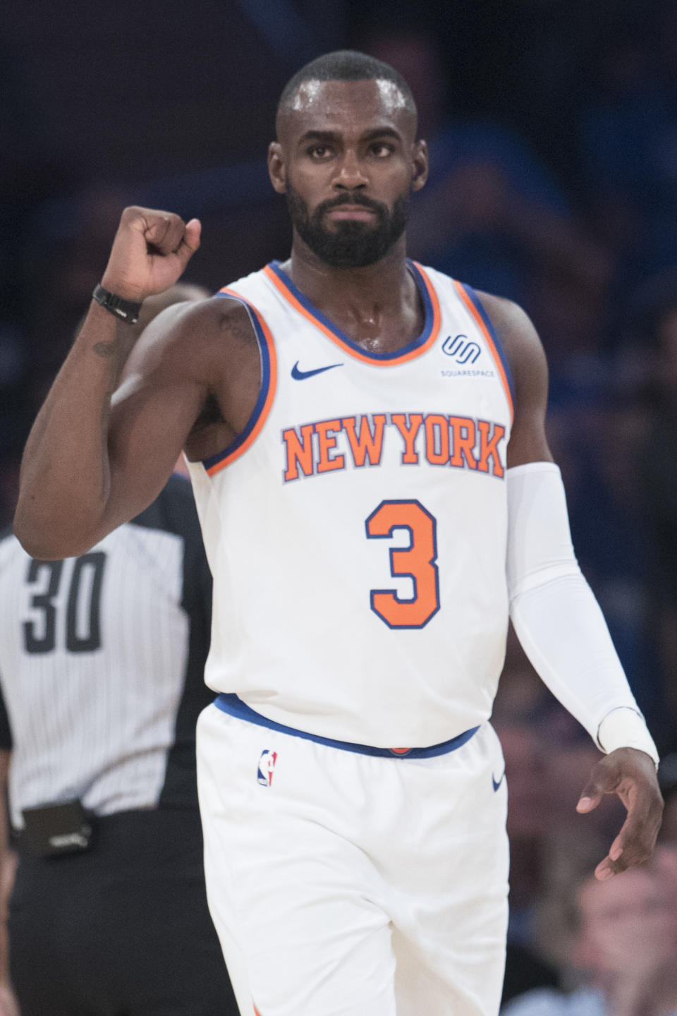 New York Knicks guard Tim Hardaway Jr. reacts during the first half of an NBA basketball game against the Atlanta Hawks, Wednesday, Oct. 17, 2018, at Madison Square Garden in New York. (AP Photo/Mary Altaffer)