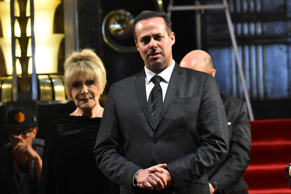 Jose Joel and Anel Noreña during a posthumous tribute of Singer Jose Jose at Palacio de Bellas Artes on October 9, 2019 in Mexico City, Mexico (Photo by Eyepix/NurPhoto via Getty Images)