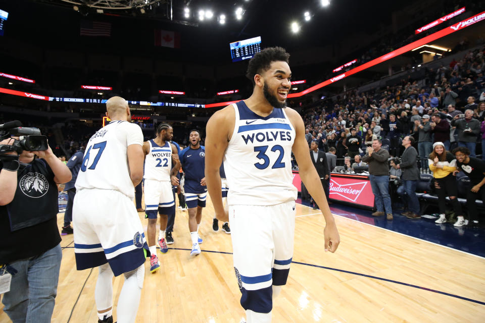 Karl-Anthony Towns was all smiles after his walk-off winner against the Grizzlies. (Getty)