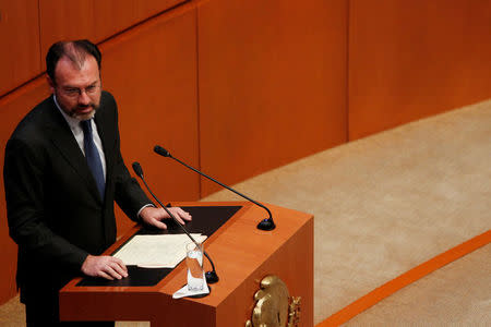 Mexico's Foreign Minister Luis Videgaray talks to the Senate about the state of U.S.-Mexico relations in Mexico City, Mexico, February 28, 2017. REUTERS/Carlos Jasso