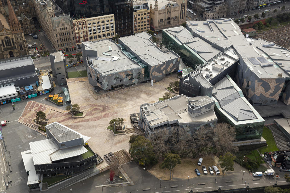 MELBOURNE, AUSTRALIA - AUGUST 26: An aerial view of Federation Square on August 26, 2020 in Melbourne, Australia. Melbourne is in stage four lockdown for six weeks until September 13 after sustained days of high new COVID-19 cases. (Photo by Daniel Pockett/Getty Images)