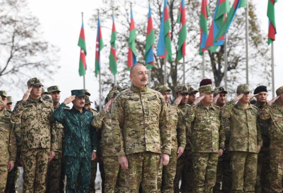 Azerbaijan President Ilham Aliyev attends the "Victory Day" event held on the occasion of the 2nd anniversary of the Karabakh Victory on Nov. 8, 2022 in Shusha, Azerbaijan. (Photo by Azerbaijani Presidency/Anadolu Agency via Getty Images)