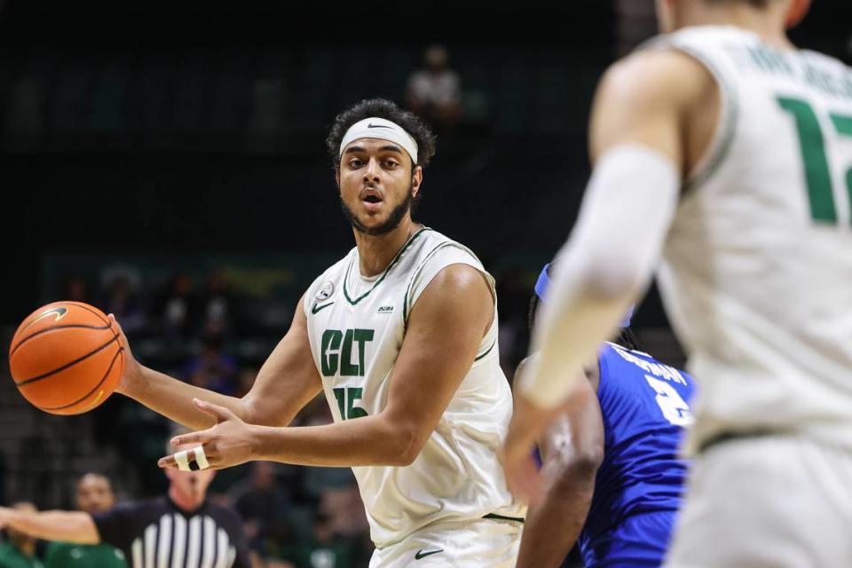 UNC Charlotte’s Aly Khalifa looks for a pass during the game against Middle Tennessee at Dale F. Halton Arena on Thursday, December 29, 2022. Charlotte defeated Middle Tennessee, 82-67.