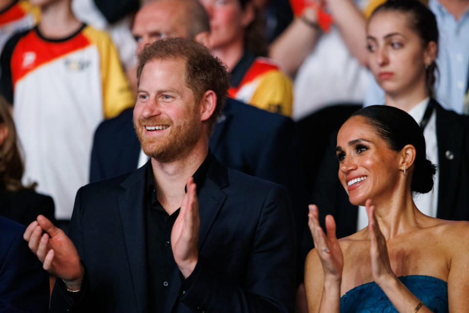 DUSSELDORF, GERMANY - SEPTEMBER 16: Prince Harry, Duke of Sussex and Meghan, Duchess of Sussex are seen during the closing ceremony of the Invictus Games Düsseldorf 2023 at Merkur Spiel-Arena on September 16, 2023 in Duesseldorf, Germany. (Photo by Joshua Sammer/Getty Images)