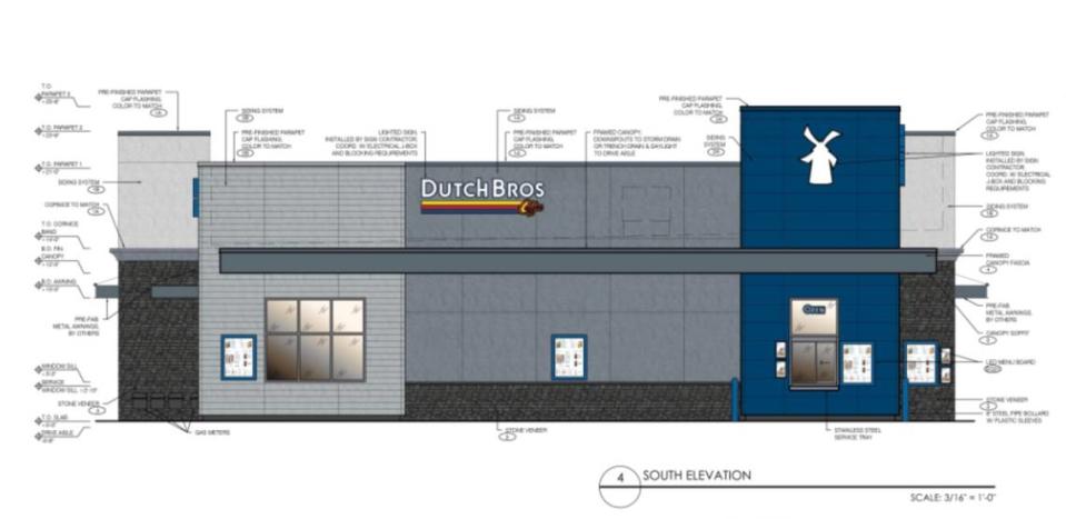 A rendering of a new drive-through coffee shop Dutch Bros. plans to construct at 320 S. Ten Mile Road in Meridian.