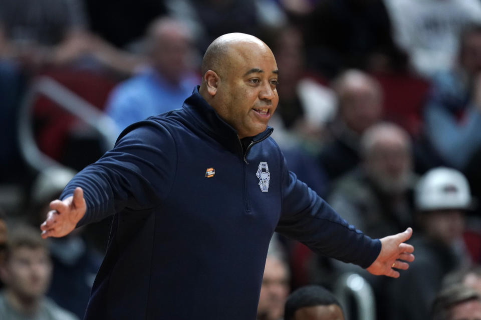 FILE - Penn State head coach Micah Shrewsberry directs his team in the first half of a second-round college basketball game against Texas in the NCAA Tournament, March 18, 2023, in Des Moines, Iowa. Shrewsberry will coach at Notre Dame this season. (AP Photo/Charlie Neibergall, file)