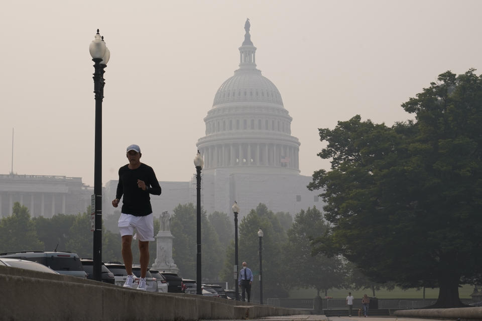 Smoke from Canadian wildfires obscures the view of the U.S. Capitol Building on Capitol Hill in Washington, Thursday, June 8, 2023. (AP Photo/Susan Walsh)