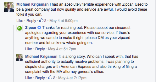 Zipcar Facebook complaint