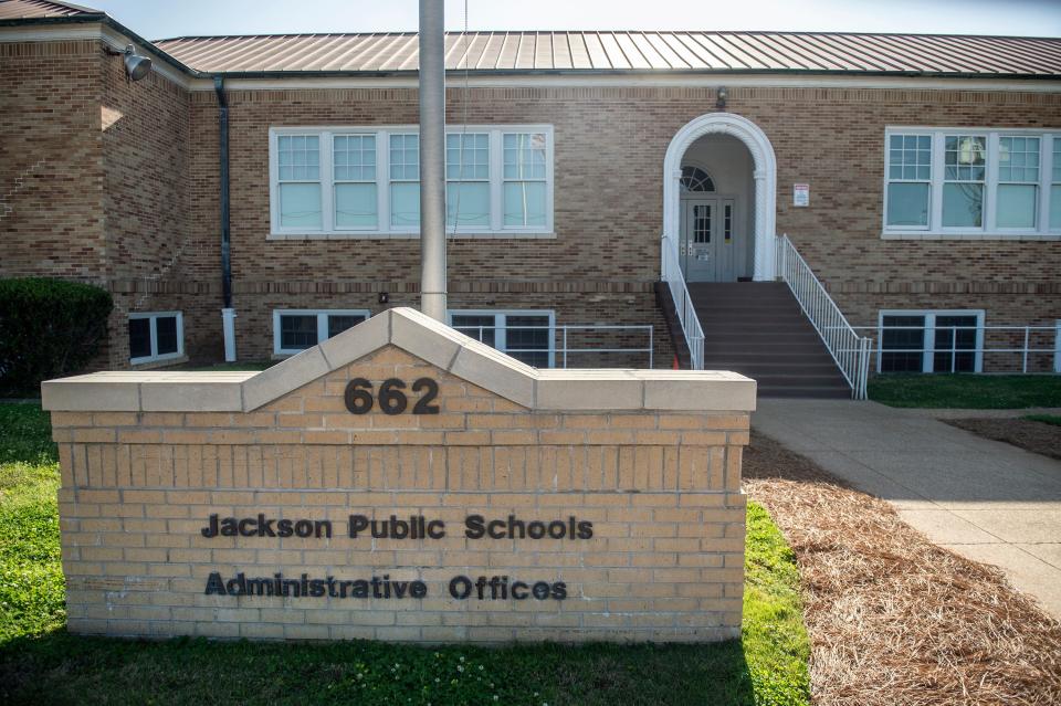 The Jackson Public Schools administrative office building is seen on President Street in Jackson, Miss., Friday, March 26, 2021. A lawsuit has been filed by a teacher's union against JPS for its media policy. 