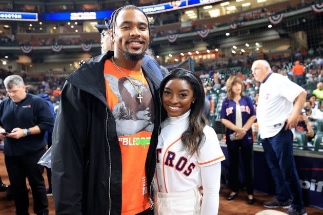 Biles and Owens at the 2022 Game 1 of the 2022 World Series on October 28, 2022, in Houston, Texas. The gymnast told the media that she and her fiancé intend to marry in 2023.