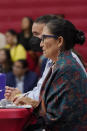 U.S. Secretary of the Interior Deb Haaland listens to the painful experiences of Native Americans who were sent to government-backed boarding schools designed to strip them of their cultural identities, Saturday, July 9, 2022 in Anadarko, Okla. Native American tribal elders who were once students at government-backed Indian boarding schools testified Saturday about the hardships they endured, including beatings, whippings, sexual assaults, forced haircuts and painful nicknames. (AP Photo/Sue Ogrocki)