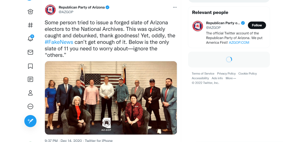 A posting on Twitter from the Arizona Republican Party on Dec. 14, 2020, showed the Republican electors meeting to cast their votes for Donald Trump, falsely claiming they were the state's true electors.