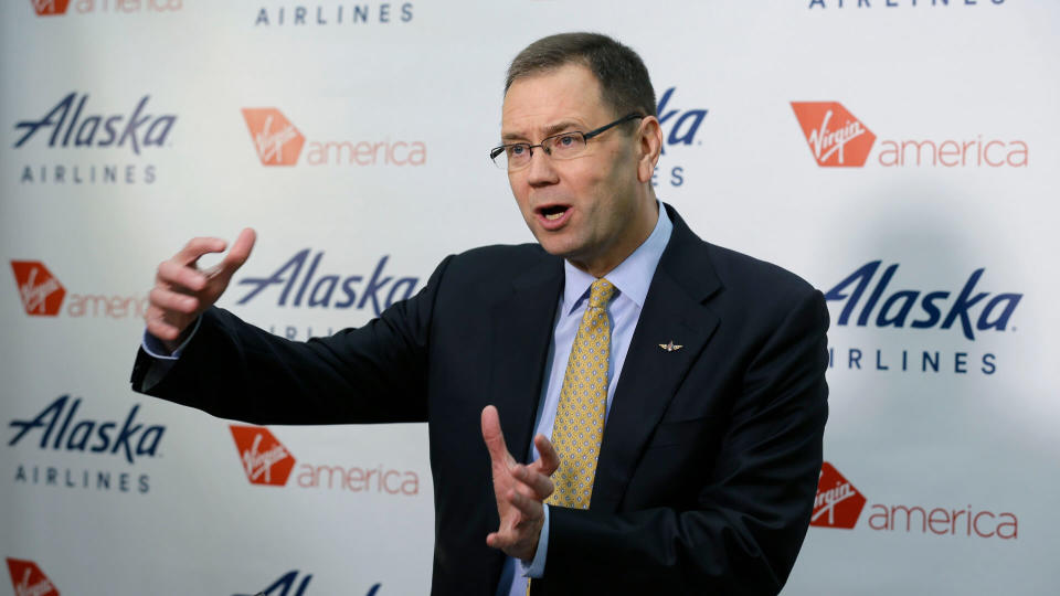 Mandatory Credit: Photo by Ted S Warren/AP/Shutterstock (5953651a)Brad Tilden Alaska Airlines president and CEO Brad Tilden talks to reporters at the airline's corporate headquarters in Seattle.