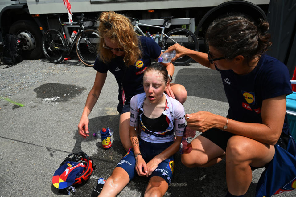 ALASSIO ITALY  JULY 06 Gaia Realini of Italy and Team Lidl  Trek  White Best Young Rider Jersey reacts after the 34th Giro dItalia Donne 2023 Stage 7 a 1091km stage from Albenga to Alassio  Santuario della Guardia 551m  UCIWWT  on July 06 2023 in Alassio Italy Photo by Dario BelingheriGetty Images