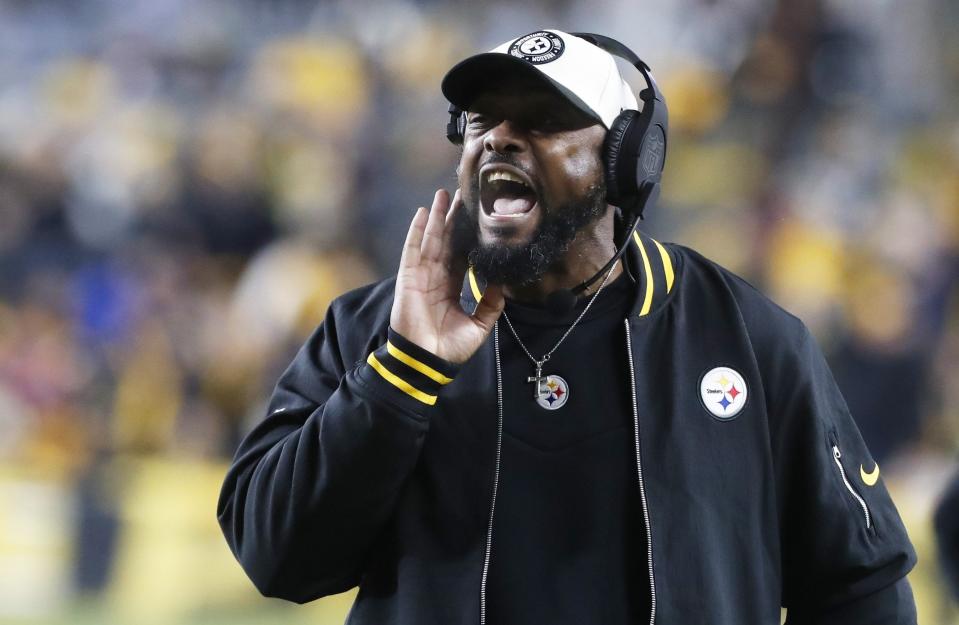 Dec 7, 2023; Pittsburgh, Pennsylvania, USA; Pittsburgh Steelers head coach Mike Tomlin reacts on the sidelines against the New England Patriots during the fourth quarter at Acrisure Stadium. New England won 21-18. Mandatory Credit: Charles LeClaire-USA TODAY Sports