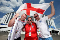 <p>England fans get into the spirit of things before the game </p>