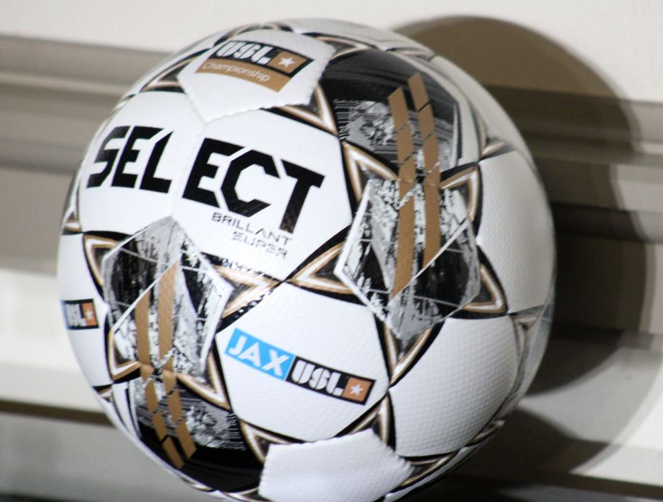 A soccer ball rests on the table before the JAXUSL press conference announcing the new franchise.