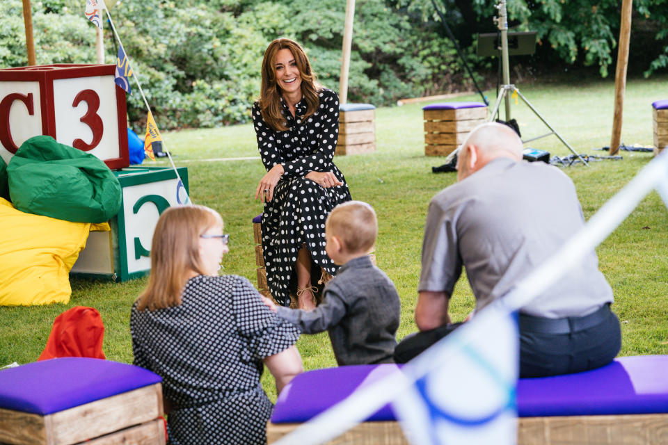 EMBARGOED TO 2230 MONDAY JULY 13    Undated handout photo issued by Kensington Palace of the Duchess of Cambridge (centre) with Kerry, Darren and their two-year-old son Dexter, to mark the launch of a new BBC education resource called Tiny Happy People. PA Photo. Issue date: Monday July 13, 2020. The project is aimed at helping develop children's communication and language skills. The duchess met with three families who have been involved in the creation and piloting of the digital platform of free activity and play ideas for 0-4 year olds. See PA story ROYAL Kate. Photo credit should read: Kensington Palace/PA Wire    NOTE TO EDITORS: This handout photo may only be used in for editorial reporting purposes for the contemporaneous illustration of events, things or the people in the image or facts mentioned in the caption. Reuse of the picture may require further permission from the copyright holder.                                                                                                                                                         