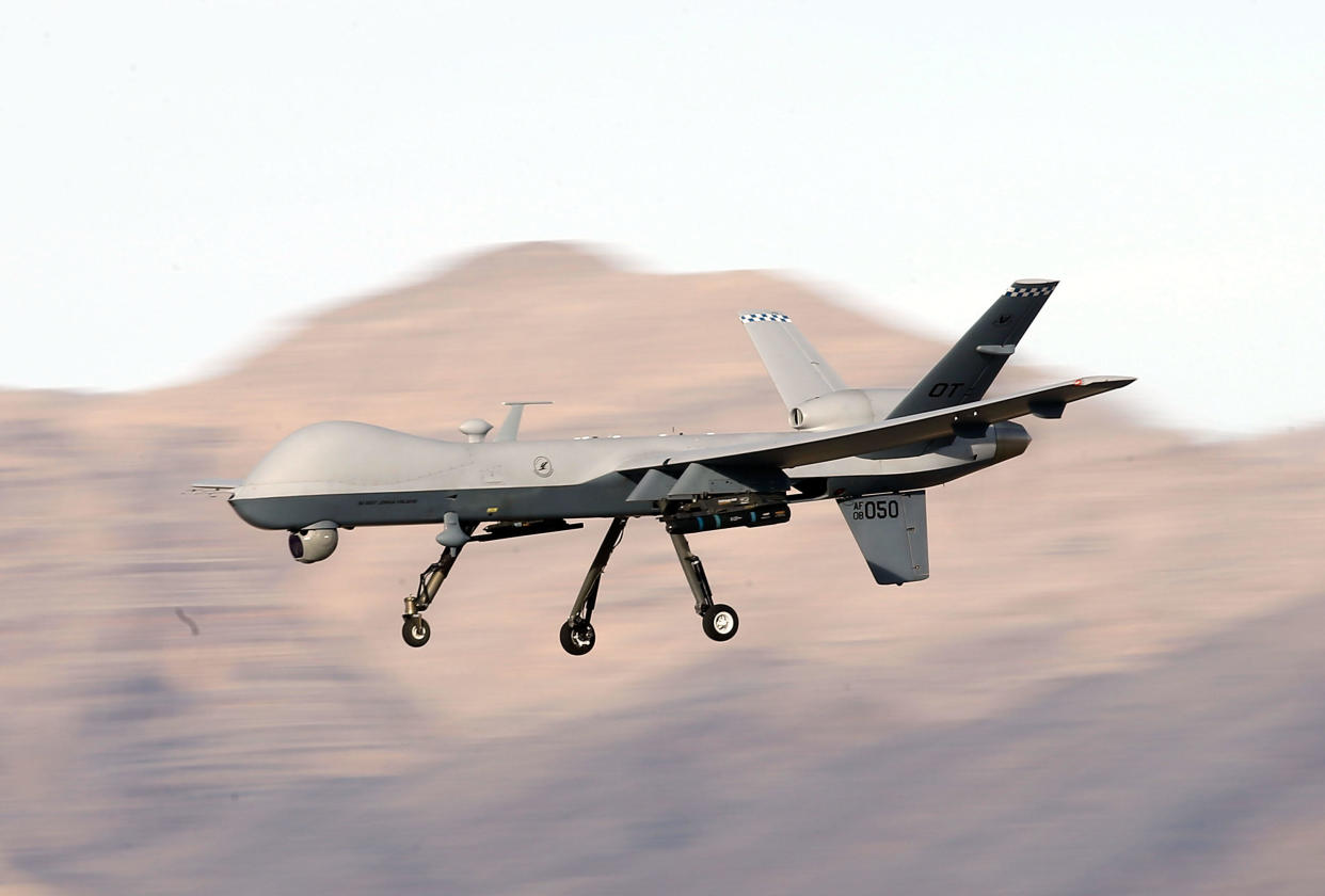 FILE: An MQ-9 Reaper remotely piloted aircraft (RPA) flies by during a training mission at Creech Air Force Base on November 17, 2015 in Indian Springs, Nevada. / Credit: Isaac Brekken / Getty Images