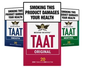 The Company has produced compliant pack designs for TAAT™ in the United Kingdom, where one of its competitive advantages is its exemption from the “Plain Packaging” laws that apply to tobacco products. Pictured above is the complete pack design for TAAT™ “Original”, which can be sold at a lower price point than leading tobacco cigarettes in the United Kingdom.