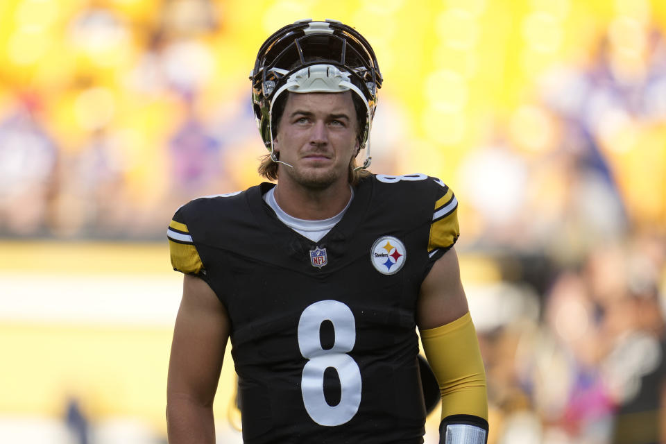 Pittsburgh Steelers quarterback Kenny Pickett (8) warms up before an NFL preseason football game against the Buffalo Bills, in Pittsburgh, Saturday, Aug. 19, 2023. (AP Photo/Gene Puskar)