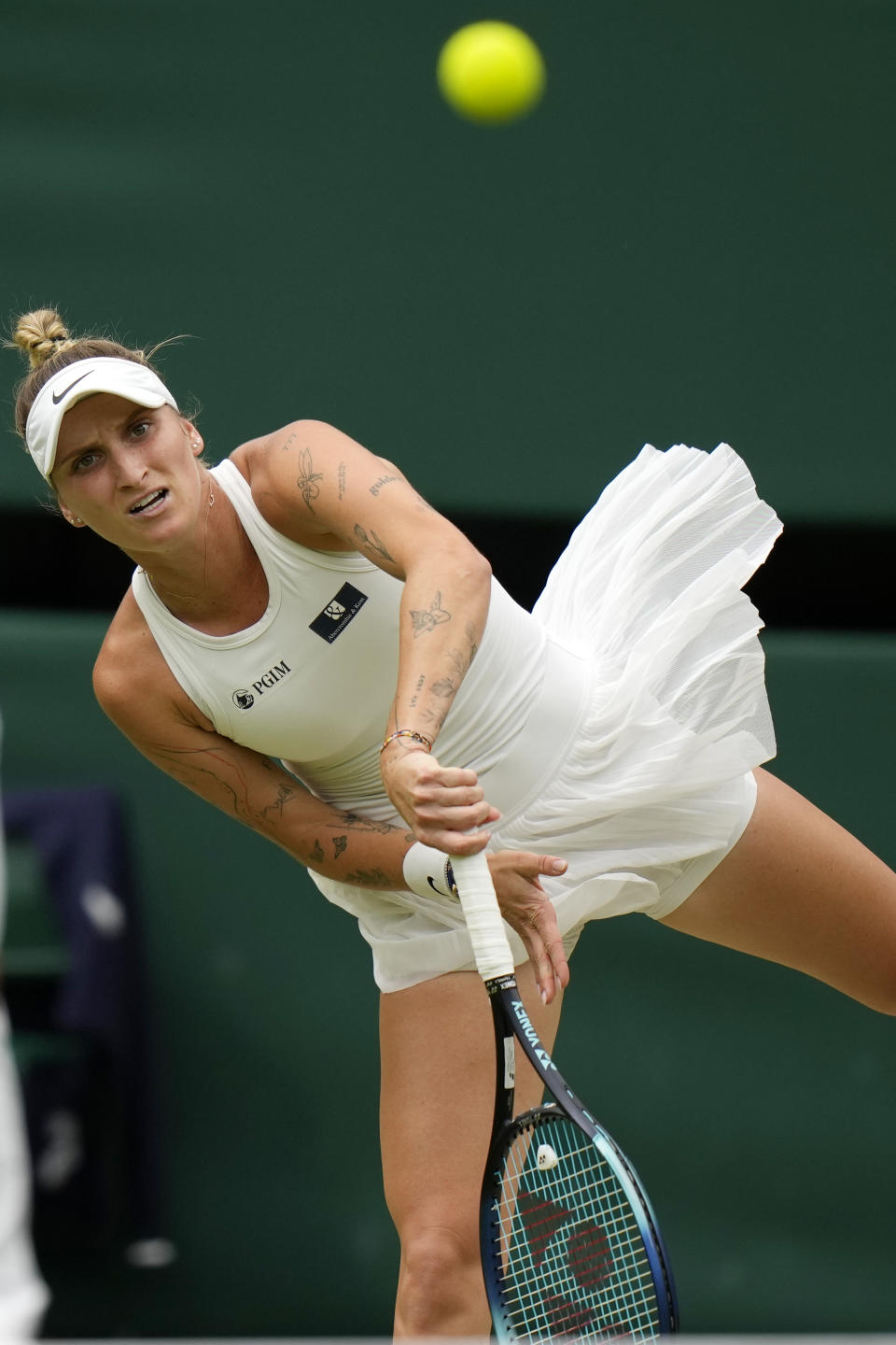 Czech Republic's Marketa Vondrousova in action against Tunisia's Ons Jabeur during the women's singles final on day thirteen of the Wimbledon tennis championships in London, Saturday, July 15, 2023. (AP Photo/Alastair Grant)