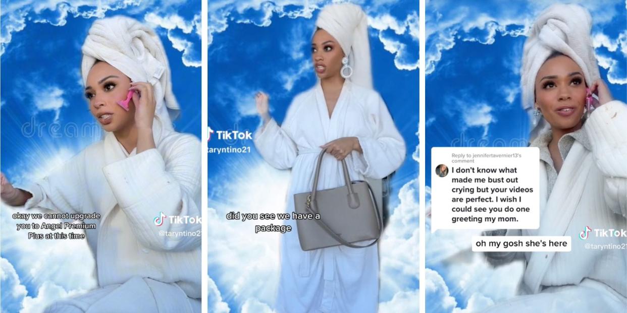 Miss New York 2022 playing the character of heaven's receptionist in a white robe.