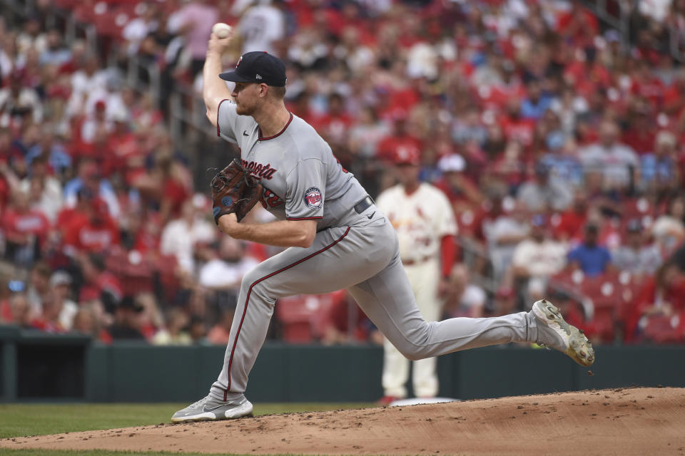 Minnesota Twins starting pitcher Bailey Ober throws during the first inning of a baseball game against the St. Louis Cardinals on Saturday, July 31, 2021, in St. Louis. (AP Photo/Joe Puetz)