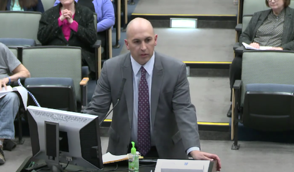 Anthony Filosa presents during a council meeting on April 3, 2023.