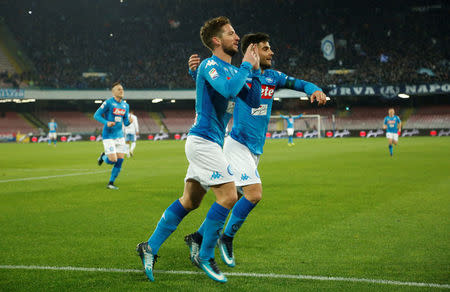 Soccer Football - Serie A - Napoli vs Lazio - Stadio San Paolo, Naples, Italy - February 10, 2018 Napoli's Dries Mertens celebrates scoring their fourth goal with Lorenzo Insigne REUTERS/Ciro De Luca