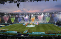 General view of the stadium during the opening ceremony prior to the Euro 2020 soccer championship group A match between Turkey and Italy at the Rome Olympic stadium, Friday, June 11, 2021. (AP Photo/Andrew Medichini, Pool)