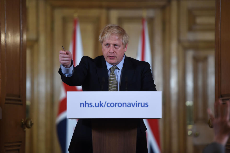 Prime Minister Boris Johnson speaking at a media briefing in Downing Street, London, on coronavirus (COVID-19) as NHS England announced that the coronavirus death toll had reached 104 in the UK.