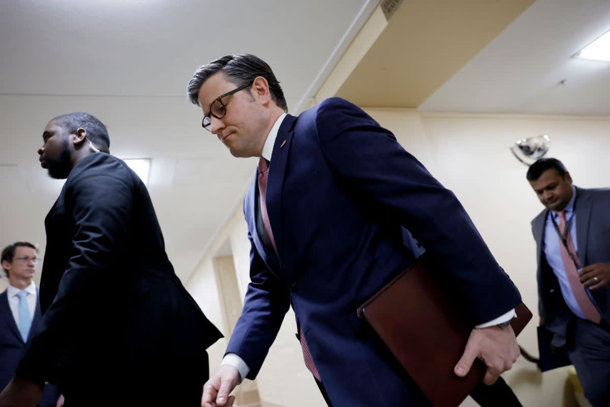 Speaker Mike Johnson attends the House Republican conference meeting on Wednesday, 10 April (Getty Images)