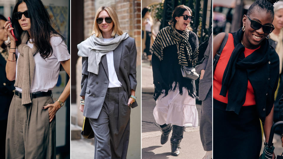 sweaters worn over shoulders street style trend for spring 2024