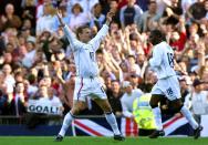 <p>Teddy Sheringham celebrates scoring against Greece in 2001 – Yahoo Sport looks at the oldest top 10 goalscorers for England after Jermain Defoe’s strike against Lithuania </p>