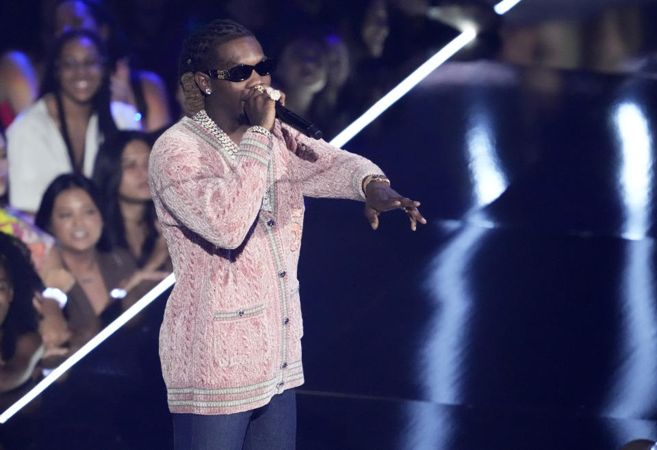 Offset presents the award for best collaboration at the MTV Video Music Awards at the Prudential Center on Sunday, Aug. 28, 2022, in Newark, N.J. (Photo by Charles Sykes/Invision/AP)