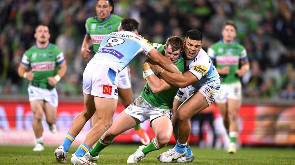 Action from Canberra Raiders vs Gold Coast Titans. 