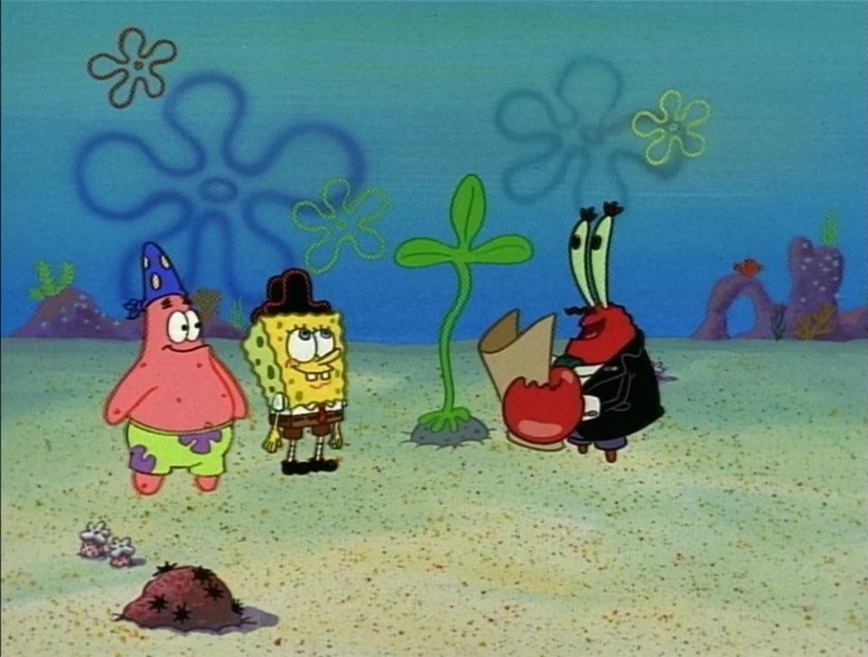 Patrick Star, SpongeBob SquarePants, and Mr. Krabs standing together in Bikini Bottom
