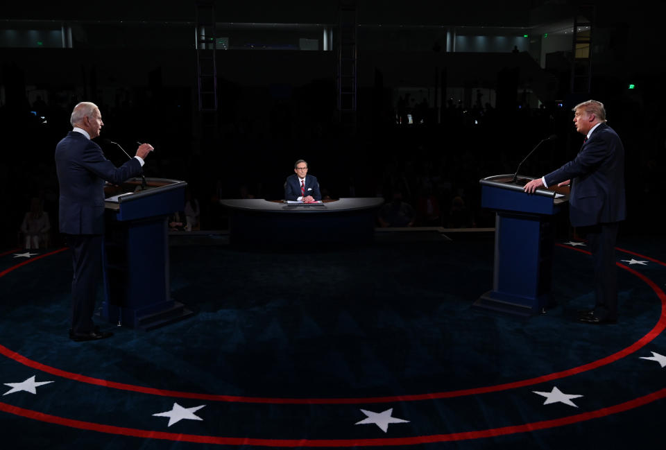 CLEVELAND, OHIO - SEPTEMBER 29: U.S. President Donald Trump (R) and former Vice President Democratic presidential nominee Joe Biden participate in the first presidential debate at the Health Education Campus of Case Western Reserve University on September 29, 2020 in Cleveland, Ohio. This is the first of three planned debates between the two candidates in the lead up to the election on November 3. (Photo by Olivier Douliery-Pool/Getty Images)