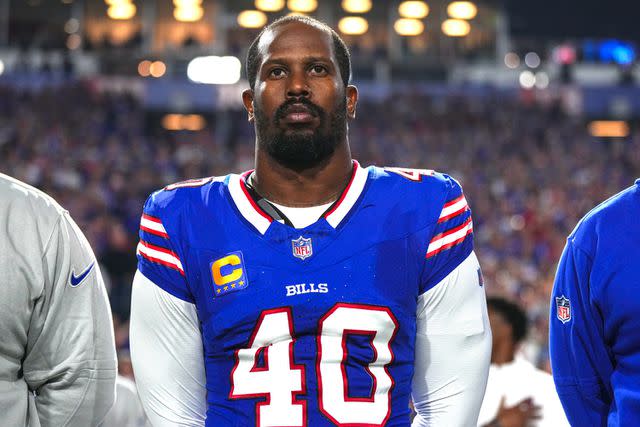 <p>Cooper Neill/Getty I</p> Von Miller #40 of the Buffalo Bills looks on from the sideline prior to an NFL football game against the Tampa Bay Buccaneers at Highmark Stadium