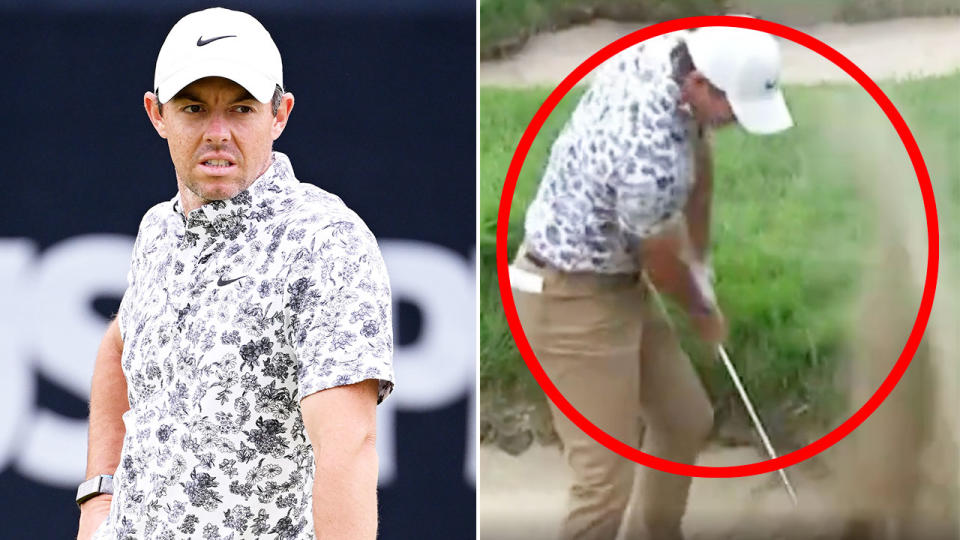Rory McIlroy took out his frustrations on a bunker during an eventful opening round at the US Open. Pic: Getty/Twitter