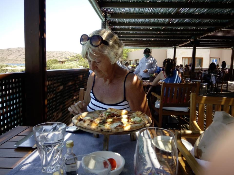 Rosemary Irvin enjoys pizza with a view