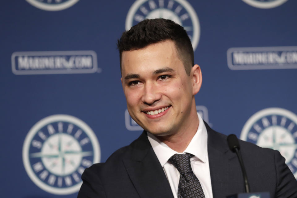 Seattle Mariners pitcher Marco Gonzales smiles during a baseball news conference Tuesday, Feb. 4, 2020, in Seattle. Gonzales and the Mariners agreed to a $30 million contract covering 2021-24, a deal that includes a club option and could be worth $45 million over five seasons. Gonzales is coming off the best season of his career. (AP Photo/Elaine Thompson)