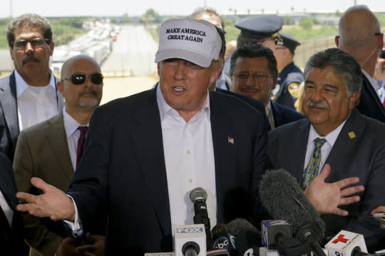 Trump gestures at a news conference near the U.S.-Mexico border outside of Laredo, Texas, July 23, 2015. (Photo: Rick Wilking/Reuters)