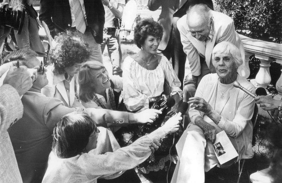 Lillian Carter, the mother of then-President Jimmy Carter, surrounded by reporters in June 1978 during a visit to Denver..