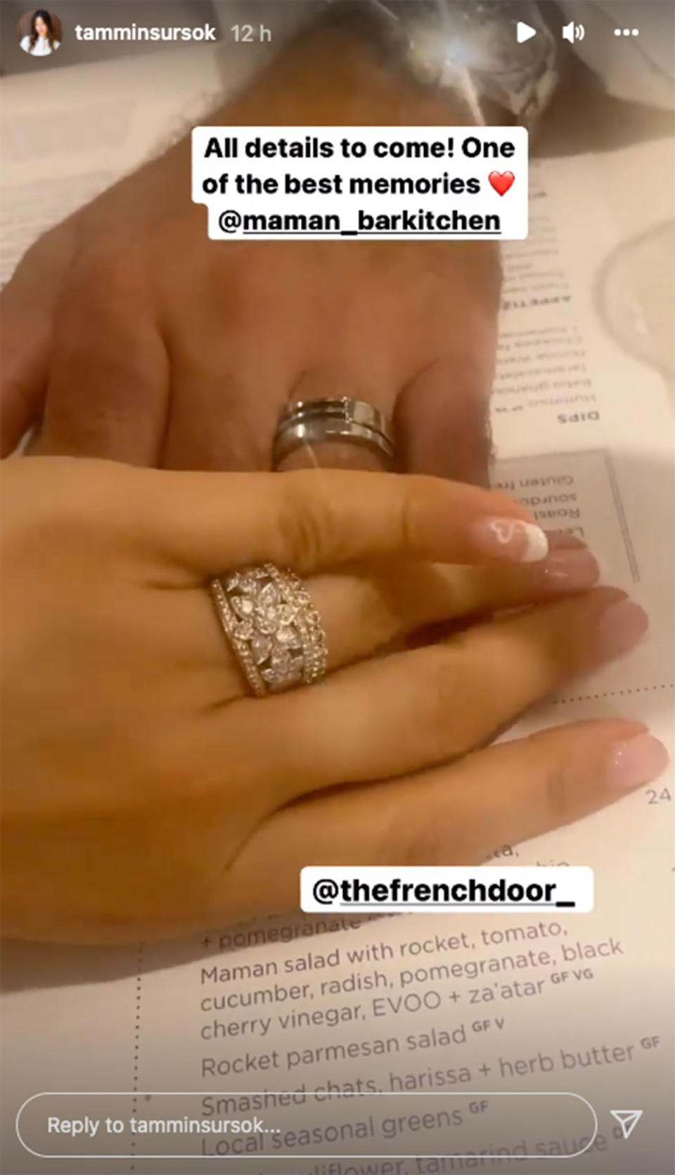 A close up photo of Tammin Sursok's hand with a large diamond ring on her finger resting on her husband's . Photo: Instagram/tamminsursok.